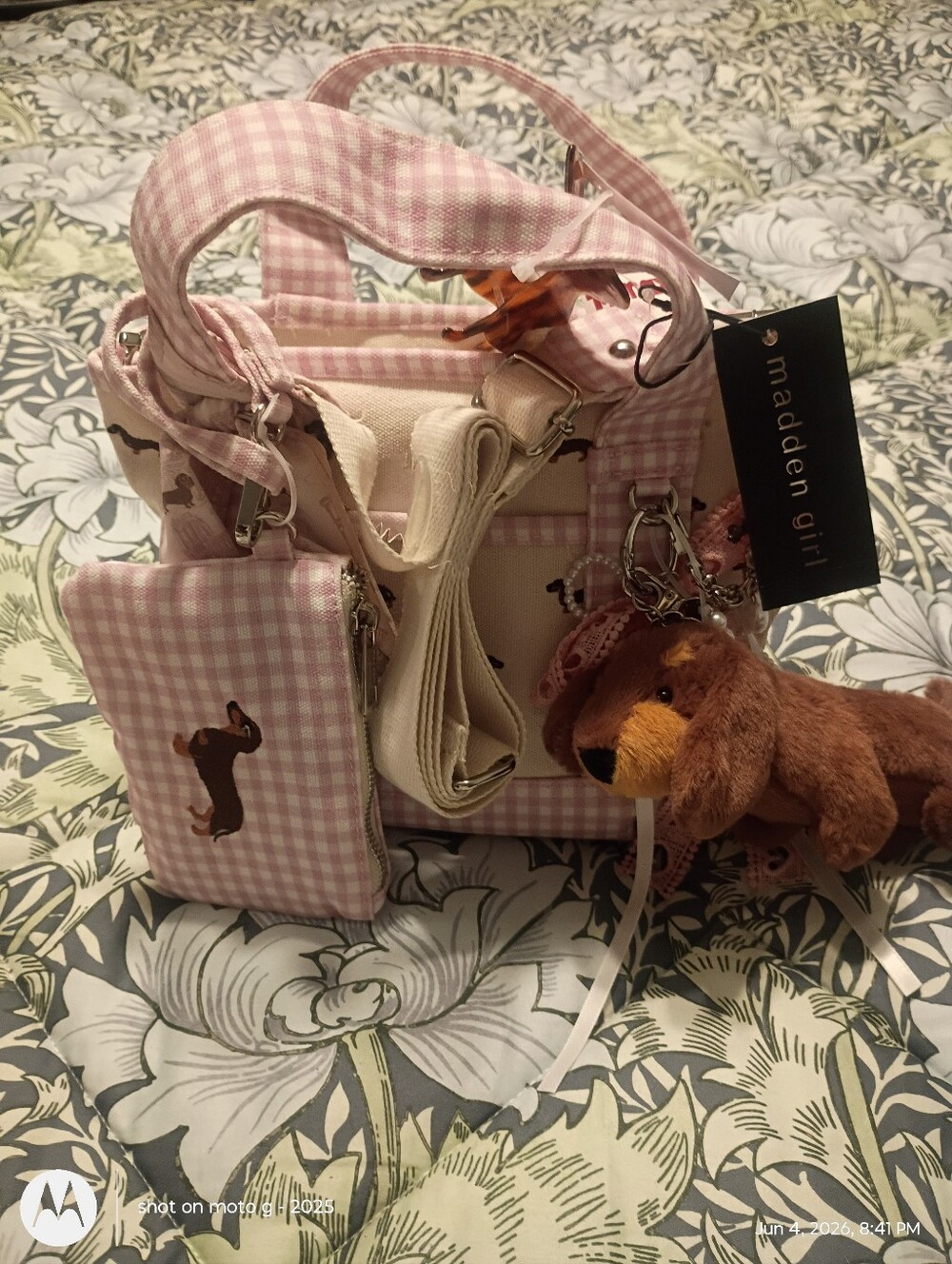 Madden Girl Pink Gingham Dachshund Tote with Pouch and Acessories